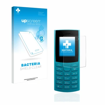 Parte frontale di una confezione del prodotto con il logo del marchio upscreen. Accanto è raffigurato il dispositivo Nokia 105