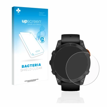 Parte frontale di una confezione del prodotto con il logo del marchio upscreen. Accanto è raffigurato il dispositivo Garmin Fe