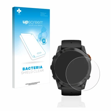 Parte frontale di una confezione del prodotto con il logo del marchio upscreen. Accanto è raffigurato il dispositivo Garmin Fe