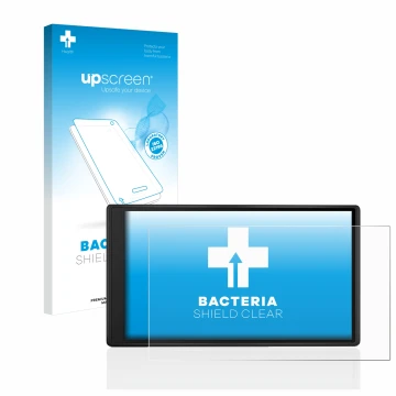 Parte frontale di una confezione del prodotto con il logo del marchio upscreen. Accanto è raffigurato il dispositivo Garmin Dr