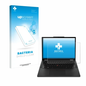 Parte frontale di una confezione del prodotto con il logo del marchio upscreen. Accanto è raffigurato il dispositivo Lenovo Th