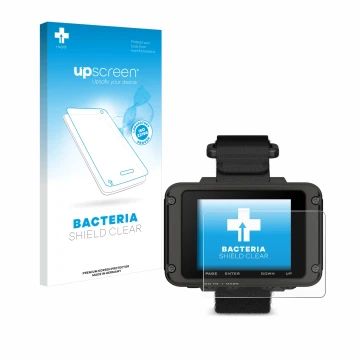 Parte frontale di una confezione del prodotto con il logo del marchio upscreen. Accanto è raffigurato il dispositivo Garmin Fo