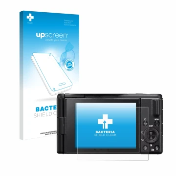 Parte frontale di una confezione del prodotto con il logo del marchio upscreen. Accanto è raffigurato il dispositivo Sony ZV-1