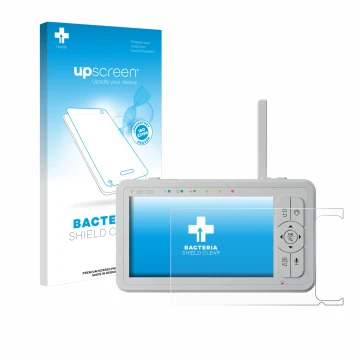 Parte frontale di una confezione del prodotto con il logo del marchio upscreen. Accanto è raffigurato il dispositivo Babysense