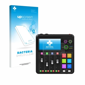 Parte frontale di una confezione del prodotto con il logo del marchio upscreen. Accanto è raffigurato il dispositivo Rode Rode