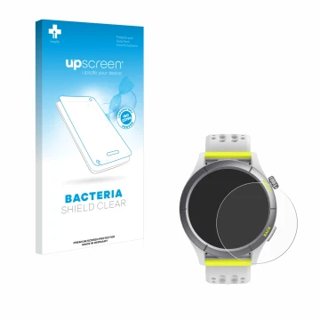 Parte frontale di una confezione del prodotto con il logo del marchio upscreen. Accanto è raffigurato il dispositivo Huami Ama