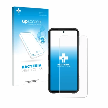 Parte frontale di una confezione del prodotto con il logo del marchio upscreen. Accanto è raffigurato il dispositivo Doogee V2