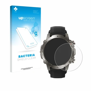 Parte frontale di una confezione del prodotto con il logo del marchio upscreen. Accanto è raffigurato il dispositivo Huami Ama