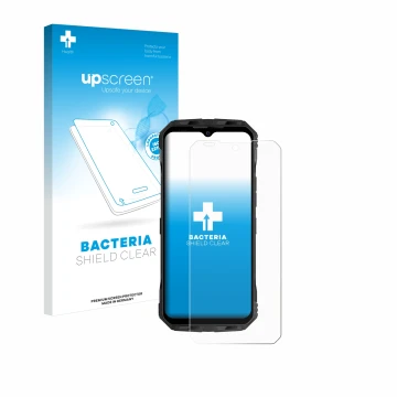 Parte frontale di una confezione del prodotto con il logo del marchio upscreen. Accanto è raffigurato il dispositivo Doogee V3