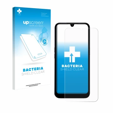 Parte frontale di una confezione del prodotto con il logo del marchio upscreen. Accanto è raffigurato il dispositivo Doro 8200