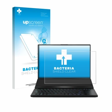 Parte frontale di una confezione del prodotto con il logo del marchio upscreen. Accanto è raffigurato il dispositivo ASUS ROG 