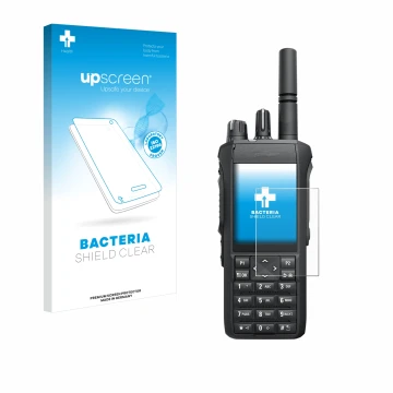 Parte frontale di una confezione del prodotto con il logo del marchio upscreen. Accanto è raffigurato il dispositivo Motorola 