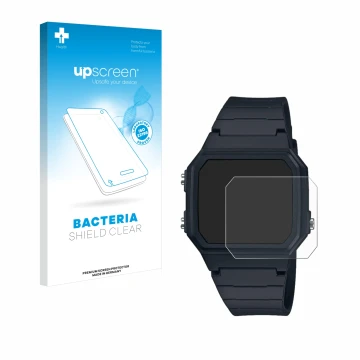 Parte frontale di una confezione del prodotto con il logo del marchio upscreen. Accanto è raffigurato il dispositivo Casio W-2