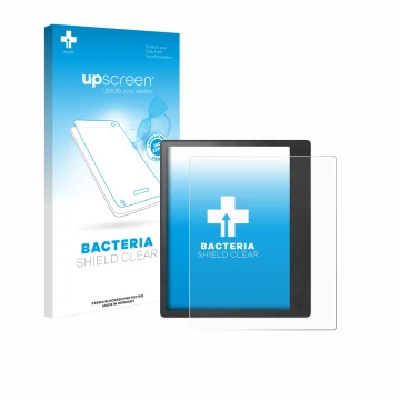 Parte frontale di una confezione del prodotto con il logo del marchio upscreen. Accanto è raffigurato il dispositivo Kobo Elip