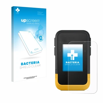 Parte frontale di una confezione del prodotto con il logo del marchio upscreen. Accanto è raffigurato il dispositivo Garmin eT