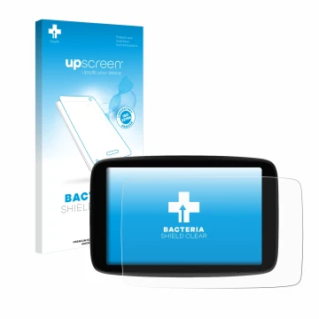 Parte frontale di una confezione del prodotto con il logo del marchio upscreen. Accanto è raffigurato il dispositivo TomTom GO