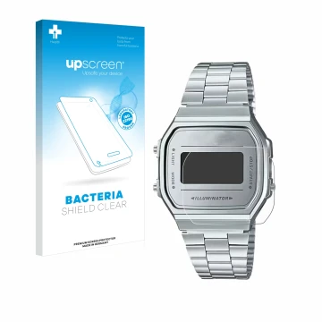 Parte frontale di una confezione del prodotto con il logo del marchio upscreen. Accanto è raffigurato il dispositivo Casio A16