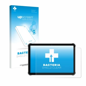 Parte frontale di una confezione del prodotto con il logo del marchio upscreen. Accanto è raffigurato il dispositivo Oukitel R