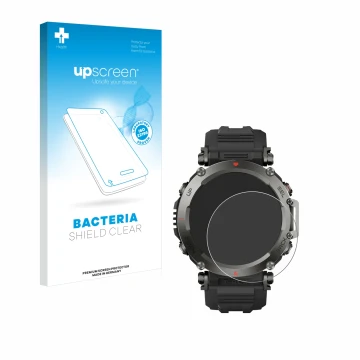 Parte frontale di una confezione del prodotto con il logo del marchio upscreen. Accanto è raffigurato il dispositivo Huami Ama