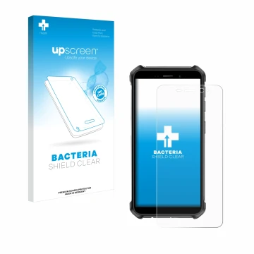 Parte frontale di una confezione del prodotto con il logo del marchio upscreen. Accanto è raffigurato il dispositivo Ulefone A