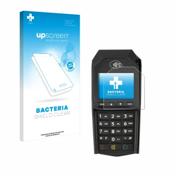 Parte frontale di una confezione del prodotto con il logo del marchio upscreen. Accanto è raffigurato il dispositivo ingenico 