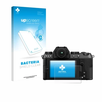 Parte frontale di una confezione del prodotto con il logo del marchio upscreen. Accanto è raffigurato il dispositivo Fujifilm 