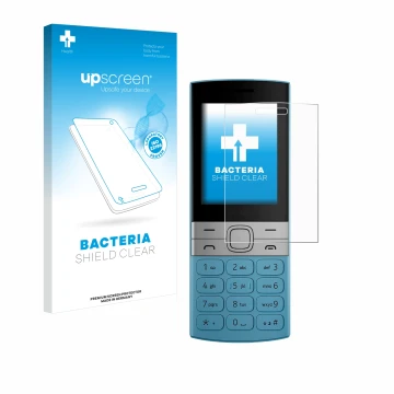 Parte frontale di una confezione del prodotto con il logo del marchio upscreen. Accanto è raffigurato il dispositivo Nokia 150