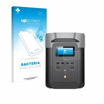 Parte frontale di una confezione del prodotto con il logo del marchio upscreen. Accanto è raffigurato il dispositivo EcoFlow D