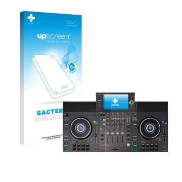 Parte frontale di una confezione del prodotto con il logo del marchio upscreen. Accanto è raffigurato il dispositivo Denon DJ 