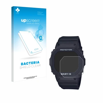 Parte frontale di una confezione del prodotto con il logo del marchio upscreen. Accanto è raffigurato il dispositivo Casio Bab