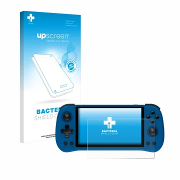 Parte frontale di una confezione del prodotto con il logo del marchio upscreen. Accanto è raffigurato il dispositivo Powkiddy 