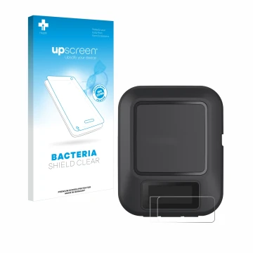 Parte frontale di una confezione del prodotto con il logo del marchio upscreen. Accanto è raffigurato il dispositivo Garmin in