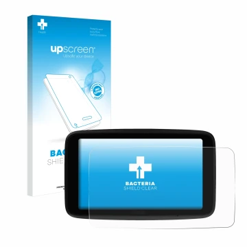 Parte frontale di una confezione del prodotto con il logo del marchio upscreen. Accanto è raffigurato il dispositivo TomTom GO
