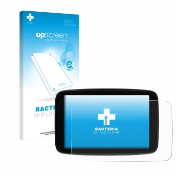 Parte frontale di una confezione del prodotto con il logo del marchio upscreen. Accanto è raffigurato il dispositivo TomTom GO