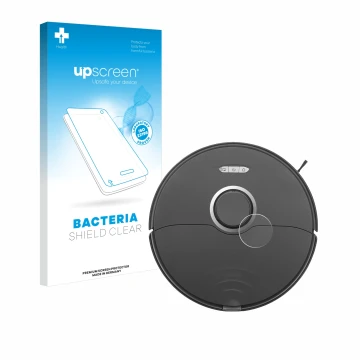 Parte frontale di una confezione del prodotto con il logo del marchio upscreen. Accanto è raffigurato il dispositivo Roborock 