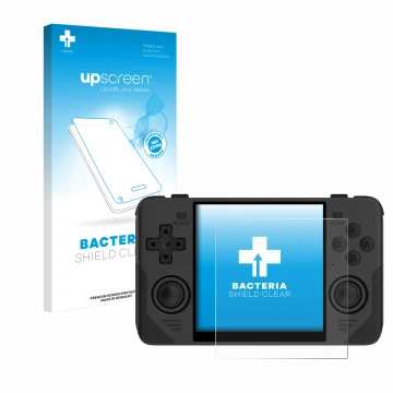 Parte frontale di una confezione del prodotto con il logo del marchio upscreen. Accanto è raffigurato il dispositivo Powkiddy 