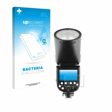 Parte frontale di una confezione del prodotto con il logo del marchio upscreen. Accanto è raffigurato il dispositivo Godox V1 