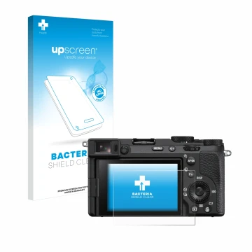 Parte frontale di una confezione del prodotto con il logo del marchio upscreen. Accanto è raffigurato il dispositivo Sony Alph