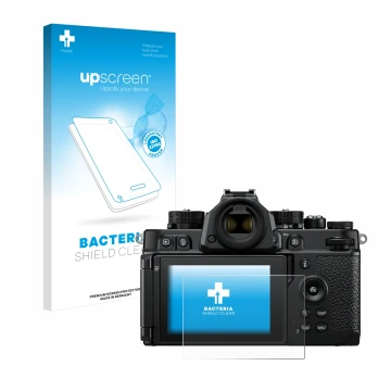 Parte frontale di una confezione del prodotto con il logo del marchio upscreen. Accanto è raffigurato il dispositivo Nikon Z F