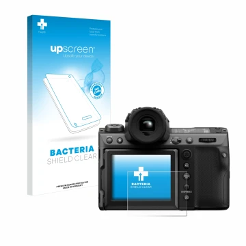 Parte frontale di una confezione del prodotto con il logo del marchio upscreen. Accanto è raffigurato il dispositivo Fujifilm 