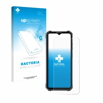 Parte frontale di una confezione del prodotto con il logo del marchio upscreen. Accanto è raffigurato il dispositivo Oukitel W