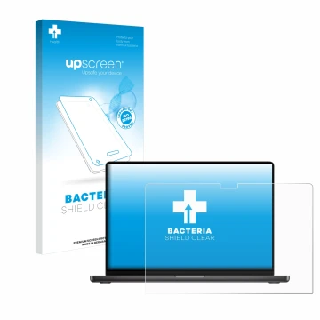 Parte frontale di una confezione del prodotto con il logo del marchio upscreen. Accanto è raffigurato il dispositivo Apple Mac