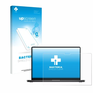 Parte frontale di una confezione del prodotto con il logo del marchio upscreen. Accanto è raffigurato il dispositivo Apple Mac