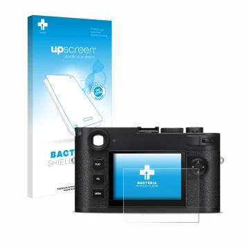 Parte frontale di una confezione del prodotto con il logo del marchio upscreen. Accanto è raffigurato il dispositivo Leica M11