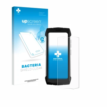 Parte frontale di una confezione del prodotto con il logo del marchio upscreen. Accanto è raffigurato il dispositivo Doogee S 