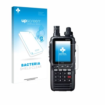 Parte frontale di una confezione del prodotto con il logo del marchio upscreen. Accanto è raffigurato il dispositivo Yaesu FTA