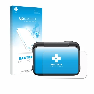 Parte frontale di una confezione del prodotto con il logo del marchio upscreen. Accanto è raffigurato il dispositivo Insta360 