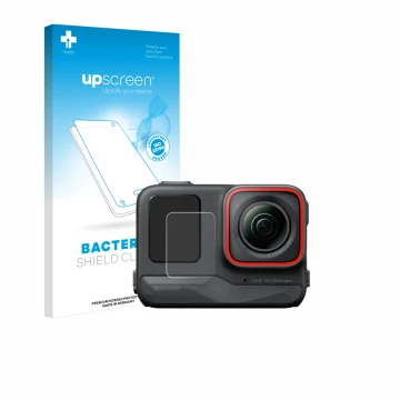 Parte frontale di una confezione del prodotto con il logo del marchio upscreen. Accanto è raffigurato il dispositivo Insta360 