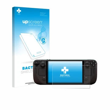 Parte frontale di una confezione del prodotto con il logo del marchio upscreen. Accanto è raffigurato il dispositivo Valve Ste