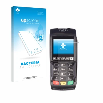Parte frontale di una confezione del prodotto con il logo del marchio upscreen. Accanto è raffigurato il dispositivo ingenico 